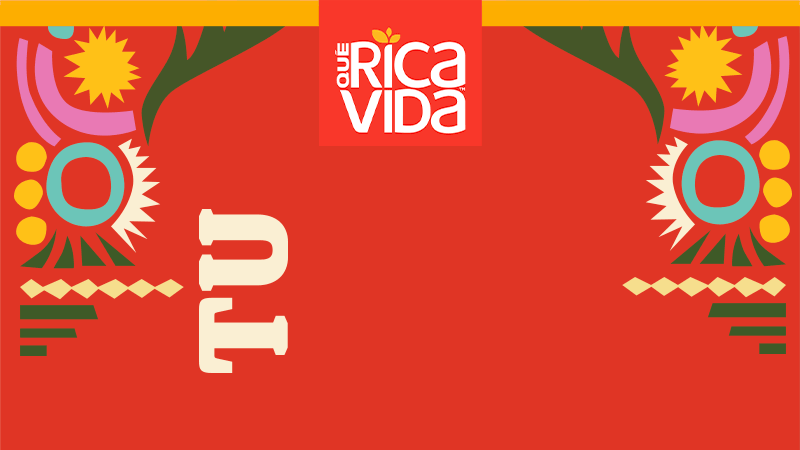 A red banner with green, yellow, pink, white and turquoise Latin American shapes, with the headline Qué Rica Vida and the flashing message Tu remix, Tu cultura, Tu heritage