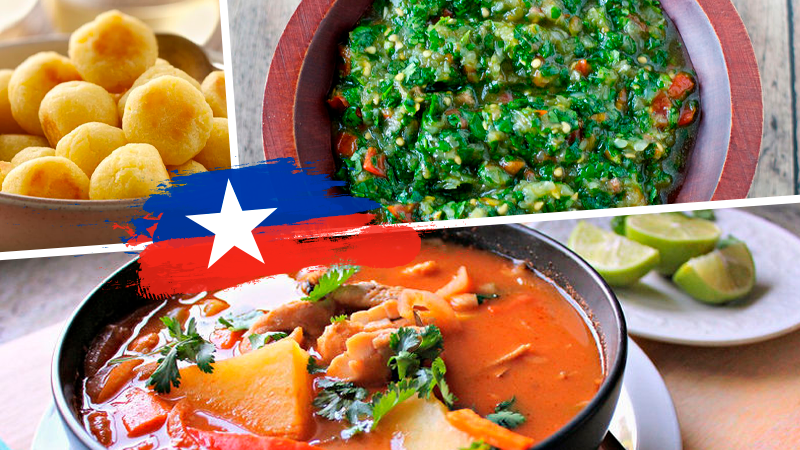 Closeup of three Chilean dishes: papas a la duquesa, congrio fish soup, and pebre sauce, all with the colors of the flag of Chile in the center.